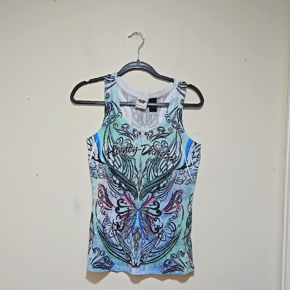 Harley-Davidson multicolor rhinestone stud graphic spray art racerback tank top
